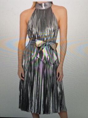 Milly Idena Pleated Lame Halter Dress Silver Size 0